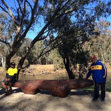 Uncle Curtis and Uncle Tony lead tours along the Yindyamarra sculpture walk in Albury.
