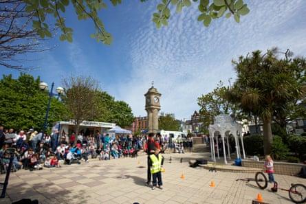 Street entertainer performs at the mckee clock arena in Bangor County Down