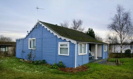 Blue timber beach house at Humberston Fitties Holiday Camp near Cleethorpes, North East Lincolnshire, England.CF59GY Blue timber beach house, Humberston Fitties Holiday Camp near Cleethorpes, North East Lincolnshire, England.
